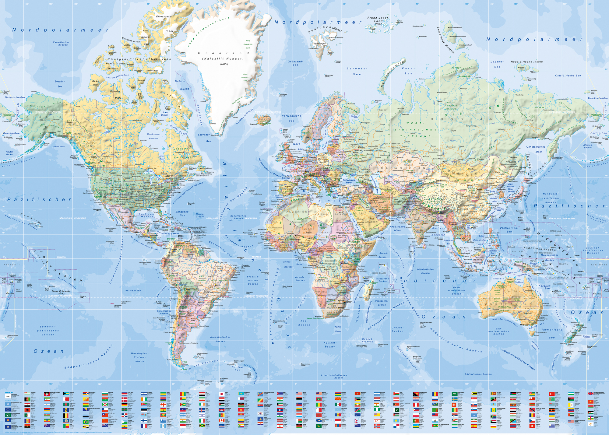 Landkarten  - Giant Poster - Weltkarte mit Flaggen deutsch
